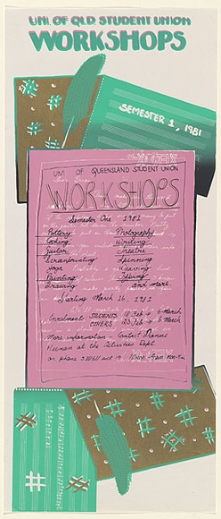 Artist: b'Doherty, Brian.' | Title: b'Uni. of Qld. Student Union Workshops, Semester 1, 1981.' | Date: 1981 | Technique: b'screenprint, printed in colour, from multiple stencils' | Copyright: b'\xc2\xa9 Brian Doherty. Licensed by VISCOPY, Australia'