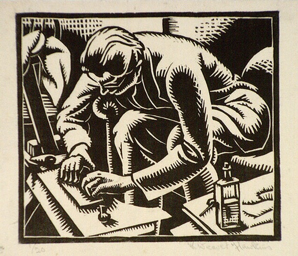 Artist: b'Hawkins, Weaver.' | Title: b'The wood-engraver' | Date: c.1927 | Technique: b'woodcut, printed in black ink, from one block' | Copyright: b'The Estate of H.F Weaver Hawkins'