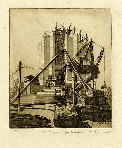 Artist: b'Emanuel, Cedric.' | Title: b'Building the Anzac Memorial.' | Date: (1932) | Technique: b'etching, printed in black ink, from one plate'