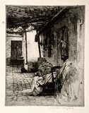 Artist: Menpes, Mortimer. | Title: (Peasant woman seated in a courtyard) | Date: 1914 | Technique: etching and drypoint, printed in black ink, from one plate
