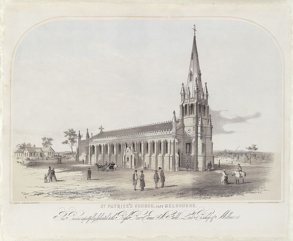 Artist: b'GILL, S.T.' | Title: bSt Patrick's Church, East Melbourne. | Date: 1854 | Technique: b'lithograph, printed in colour, from multiple stones'