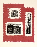 Artist: b'OGILVIE, Helen' | Title: b'not titled [Herald Angel; Small house; Plucked turkey with two bottles].' | Date: c.1948 | Technique: b'wood-engraving on woodcut, printed in colour'