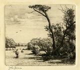 Artist: Farmer, John. | Title: Landscape with figure. | Date: c.1960 | Technique: etching, printed in black ink with plate-tone, from one plate