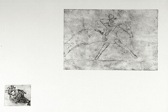 Artist: b'SHEARER, Mitzi' | Title: b'not titled [Racing horse and jockey, male figure]' | Technique: b'etching, printed in black ink, from two  plates'