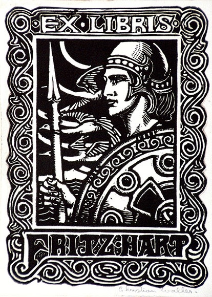 Artist: b'Waller, Christian.' | Title: b'Bookplate: Fritz Hart' | Date: c.1926 | Technique: b'linocut, printed in black ink, from one block'