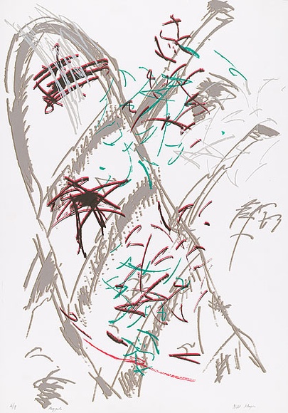 Artist: b'MEYER, Bill' | Title: b'May pole.' | Date: 1986 | Technique: b'screenprint, printed in six colours, from three hand drawn with charcoal on acetate for indirect photo stencils' | Copyright: b'\xc2\xa9 Bill Meyer'