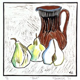 Artist: Varvaressos, Vicki. | Title: Pears | Date: 1980 | Technique: linocut, printed in black ink, from one block; hand-coloured | Copyright: © Vicki Varvaressos