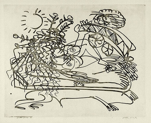 Artist: b'BOYD, Arthur' | Title: b'Reclining figure with sun and flying lion.' | Date: (1968-69) | Technique: b'etching, printed in black ink, from one plate' | Copyright: b'Reproduced with permission of Bundanon Trust'