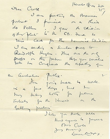 Artist: b'LINDSAY, Lionel' | Title: b'Letter: Lionel Lindsay to R.H. Croll 14 September 1935 (2pp).' | Date: 1935 | Technique: b'pen and blue ink' | Copyright: b'Courtesy of the National Library of Australia'