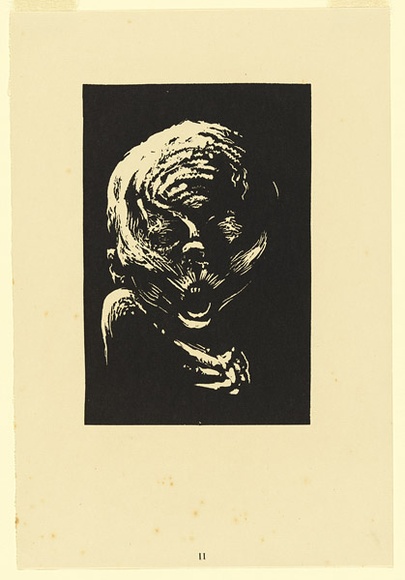 Artist: b'Counihan, Noel.' | Title: b'Who will look this child in the face?.' | Date: 1950 | Technique: b'linocut, printed in black ink, from one block'