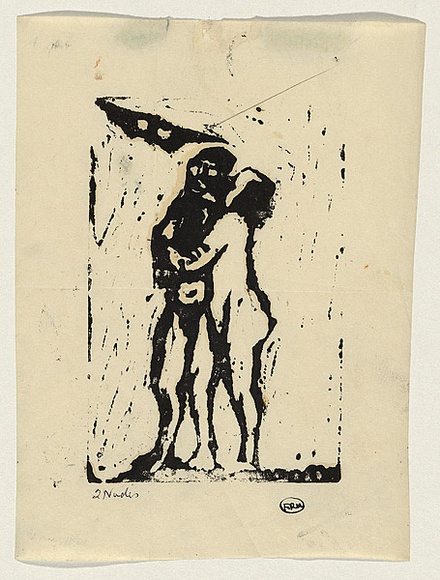 Artist: b'WILLIAMS, Fred' | Title: b'Adam and Eve' | Date: c.1959 | Technique: b'linocut, printed in black ink, from one block' | Copyright: b'\xc2\xa9 Fred Williams Estate'