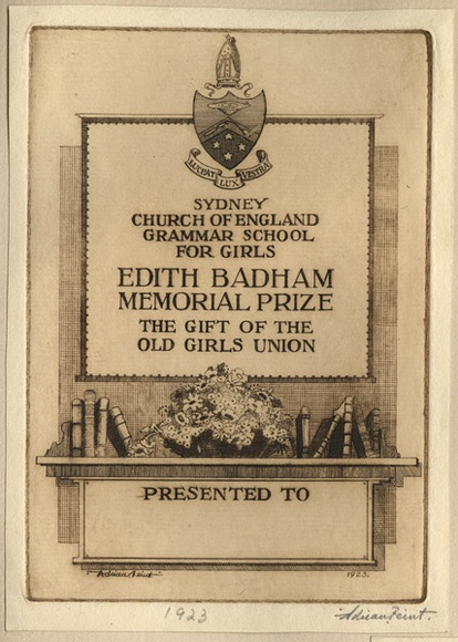 Artist: b'FEINT, Adrian' | Title: b'Bookplate: Edith Badham Memorial Prize, Sydney Church of England, Grammar School for Girls.' | Date: 1923 | Technique: b'etching, printed in brown ink with plate-tone, from one plate' | Copyright: b'Courtesy the Estate of Adrian Feint'
