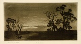 Artist: b'LINDSAY, Lionel' | Title: b'The Sundowner' | Date: 1921 | Technique: b'aquatint and burnishing, printed in brown ink,  from one plate' | Copyright: b'Courtesy of the National Library of Australia'