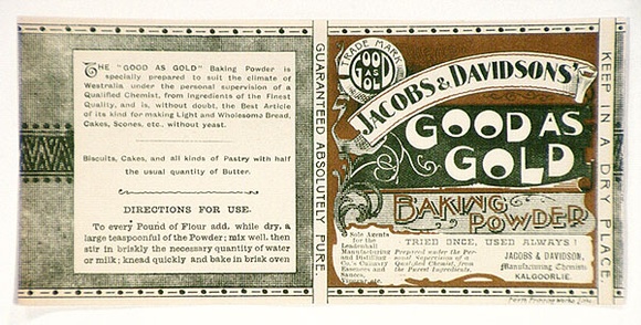 Artist: b'PERTH PRINTING WORKS' | Title: bLabel: Jacobs and Davidsons'. Good as gold. Baking powder | Date: c.1920 | Technique: b'lithograph, printed in colour, from multiple stones [or plates]'