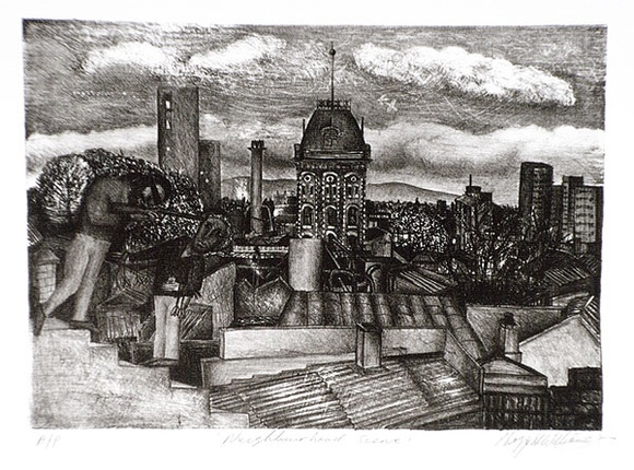 Artist: b'Doggett-Williams, Phillip.' | Title: b'Neighbourhood scene.' | Date: 1987 | Technique: b'lithograph, printed in brown ink, from one stone [or plate]'