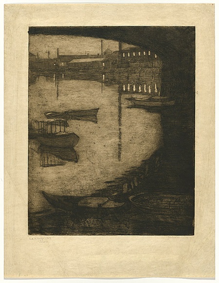 Artist: b'TRAILL, Jessie' | Title: b'Under the bridge.' | Date: 1912 | Technique: b'etching, printed in warm black ink with plate-tone and wiped highlights, from one plate'