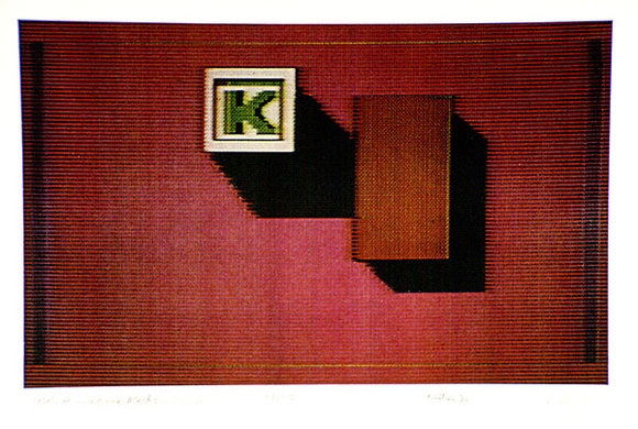 Artist: b'Kelly, William.' | Title: b'Still life: children blocks' | Date: 1981-82 | Technique: b'computer print, printed in colour, from dot-matrix printer' | Copyright: b'\xc2\xa9 William Kelly'