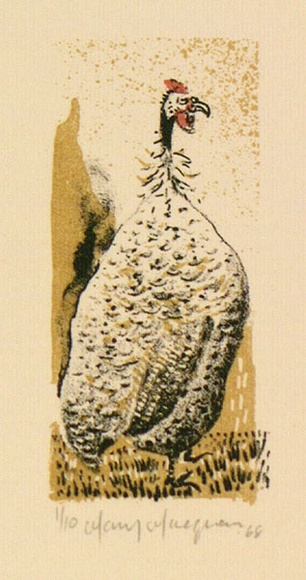 Artist: b'MACQUEEN, Mary' | Title: b'Guinea fowl' | Date: 1968 | Technique: b'lithograph, printed in colour, from three plates in black tan and red ink' | Copyright: b'Courtesy Paulette Calhoun, for the estate of Mary Macqueen'