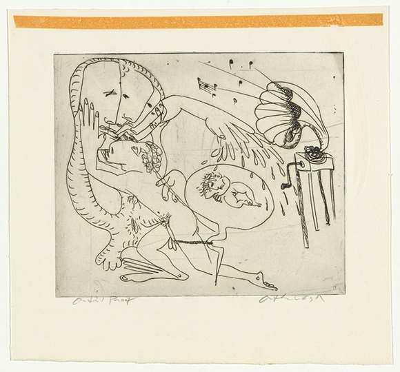 Artist: b'BOYD, Arthur' | Title: b'Potter with child and gramophone.' | Date: (1968-69) | Technique: b'etching, printed in black ink, from one plate' | Copyright: b'This work appears on screen courtesy of Bundanon Trust'