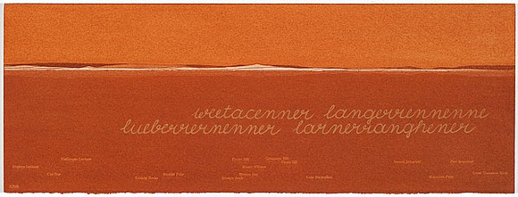 Artist: b'MADDOCK, Bea' | Title: b'Terra Spiritus...with a darker shade of pale' | Date: 1993-98 | Technique: b'stencil print, printed in hand-ground Launceston ochre from multiple hand-cut mylar stencils; letterpress text blind printed; hand-drawn script'