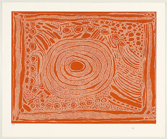 Title: b'Untitled waterholes (ochre dots)' | Date: November 2009 | Technique: b'relief print, printed in orange ink, from one lino block and one medium density fibre (MDF) board'
