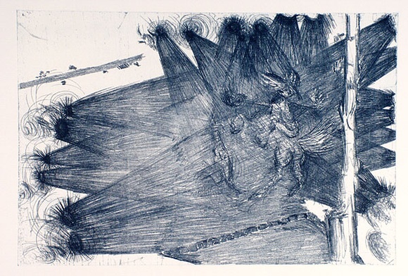 Artist: b'COLEING, Tony' | Title: b'Helping my Koala across the road.' | Date: 1986 | Technique: b'softground etching, printed in blue ink, from one plate'