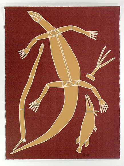 Artist: b'MILAYBUMA, David' | Title: b'Goanna, tree and fish' | Date: 1979 | Technique: b'screenprint, printed in colour, from three stencils'