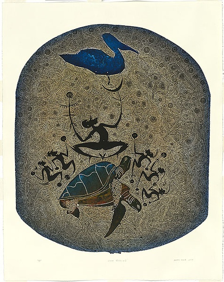 Artist: Nona, Dennis. | Title: Awai Thithuiyil [Badu Island Story] | Date: 2004 | Technique: linocut, printed in colour from one block; hand-coloured | Copyright: Courtesy of the artist and the Australia Art Print Network