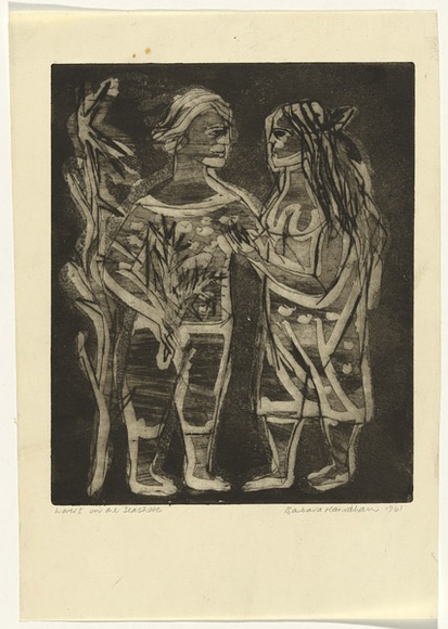 Artist: b'HANRAHAN, Barbara' | Title: b'Lovers on the seashore' | Date: 1961 | Technique: b'drypoint, printed in black ink, from one plate'