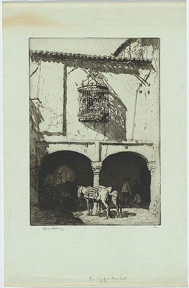 Artist: b'LINDSAY, Lionel' | Title: b'In Zafra market, Spain' | Date: 1929 | Technique: b'etching, printed in brown ink, from one plate' | Copyright: b'Courtesy of the National Library of Australia'