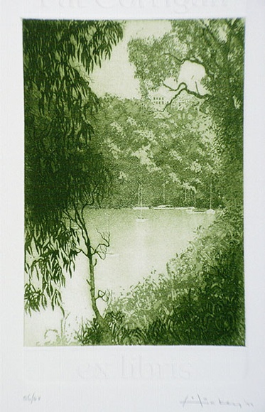 Artist: b'Hickey, Peter.' | Title: b'Bookplate: Pat Corrigan' | Date: 1977 | Technique: b'etching, printed in green ink, from one plate; embossed name from second plate'