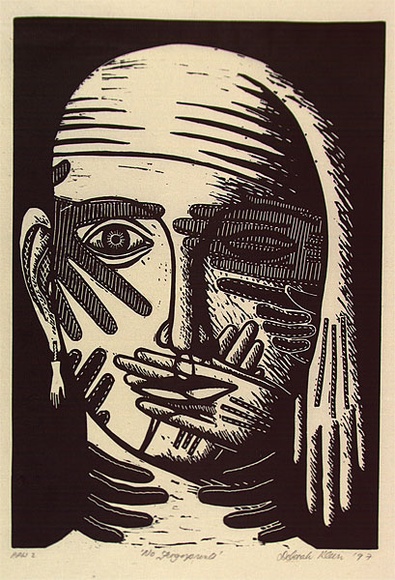 Artist: b'Klein, Deborah.' | Title: b'No finger prints' | Date: 1997 | Technique: b'linocut, printed in black ink, from one block'