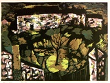 Artist: b'Adams, Tate.' | Title: b'Village in Mourne.' | Date: 1954 | Technique: b'linocut, printed in colour, from four blocks'