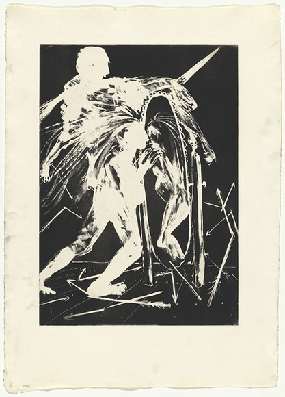 Artist: b'BOYD, Arthur' | Title: b'The Unicorn before the Emperor. [Mirror and broken arrows].' | Date: 1973-74 | Technique: b'aquatint, printed in black ink, from one plate' | Copyright: b'Reproduced with permission of Bundanon Trust'