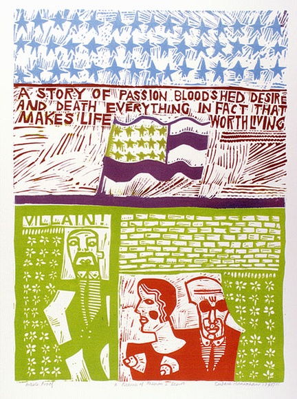 Artist: b'HANRAHAN, Barbara' | Title: b'A picture of passion and desire' | Date: 1965 | Technique: b'linocut, printed in colour from, five blocks'