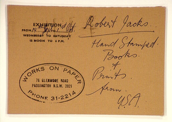 Artist: b'COLEING, Tony' | Title: b'Exhibition announcement Robert Jacks.' | Date: 1977 | Technique: b'rubber stamp'