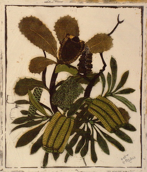 Artist: OGILVIE, Helen | Title: Banksia | Date: c.1938 | Technique: linocut, printed in colour, from three blocks