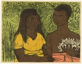 Artist: b'Crooke, Ray.' | Title: b'(Native girl and boy with conch shell).' | Date: c.1973 | Technique: b'screenprint, printed in colour, from four stencils'