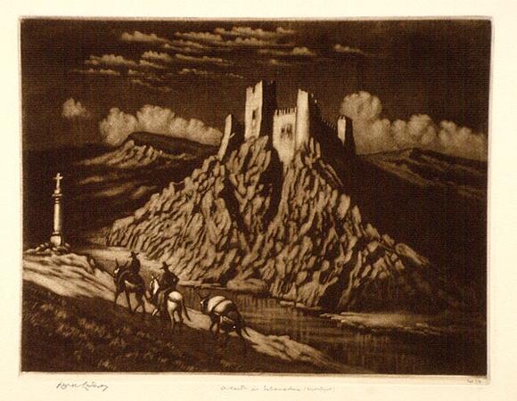 Artist: b'LINDSAY, Lionel' | Title: b'A castle in Extremadura (moonlight), Spain' | Date: 1946 | Technique: b'mezzotint, printed in brown ink, from one plate' | Copyright: b'Courtesy of the National Library of Australia'