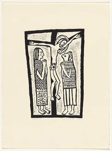 Artist: b'HANRAHAN, Barbara' | Title: b'Crucifixion' | Date: 1962 | Technique: b'woodcut, printed in black ink, from one block'