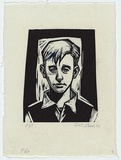 Artist: AMOR, Rick | Title: [portrait of a boy] | Date: 1984 | Technique: linocut, printed in black ink, from one block | Copyright: © Rick Amor. Licensed by VISCOPY, Australia.