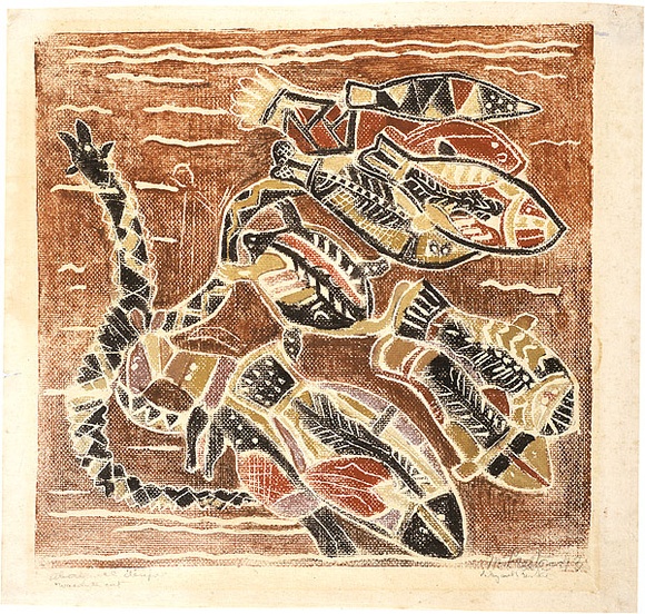 Artist: b'PRESTON, Margaret' | Title: b'Aboriginal design.' | Date: 1943 | Technique: b'woodcut, printed in colour, from one masonite block' | Copyright: b'\xc2\xa9 Margaret Preston. Licensed by VISCOPY, Australia'