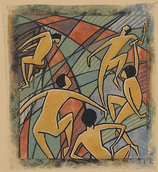 Artist: b'Black, Dorrit.' | Title: b'Music.' | Date: 1928 | Technique: b'linocut, printed in colour, from five blocks (black, yellow ochre, brick red, grey-green, cobalt blue)'