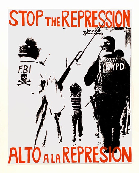 Artist: b'Black Cat Collective.' | Title: b'Stop the repression.' | Date: c.1986 | Technique: b'screenprint, printed in colour, from multiple stencils'