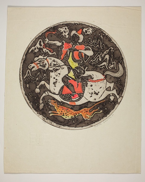 Artist: b'Haxton, Elaine' | Title: b'Huntsman' | Date: 1967 | Technique: b'open-bite etching and aquatint, printed in blue ink'