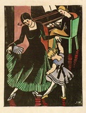 Artist: Huntley, Isabel. | Title: Dancing lesson | Date: (1931) | Technique: linocut, printed in black ink, from one block; hand-coloured | Copyright: © Estate of Isabel Huntley, Douglas Huntley