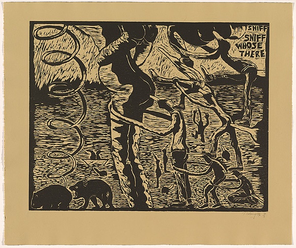 Title: b'Sniff sniff whose there' | Date: 1996 | Technique: b'woodcut, printed in black ink, from one block'