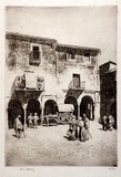 Artist: LINDSAY, Lionel | Title: In Zafra Market, Spain | Date: 1929 | Technique: etching, printed in brown ink with plate-tone, from one plate | Copyright: Courtesy of the National Library of Australia