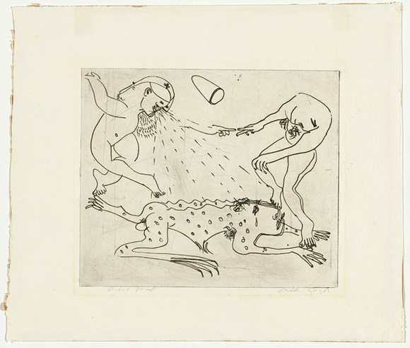 Artist: BOYD, Arthur | Title: Nebuchadnezzar with dancing figure and satellite. | Date: (1968-69) | Technique: etching, printed in black ink, from one plate | Copyright: Reproduced with permission of Bundanon Trust