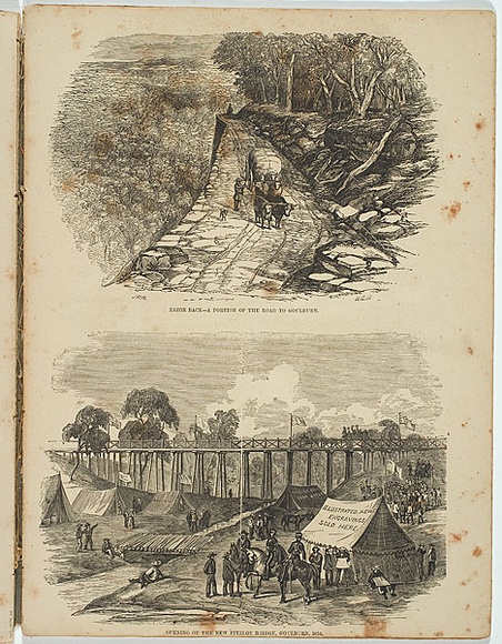 Artist: b'Mason, Walter George.' | Title: b'Opening of the new Fitzroy Bridge, Goulburn 1854.' | Date: 1857 | Technique: b'wood-engraving, printed in black ink, from one block'